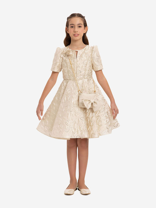 Dress & Fleur Girls Elegant Dress with Matching Bag in Beige