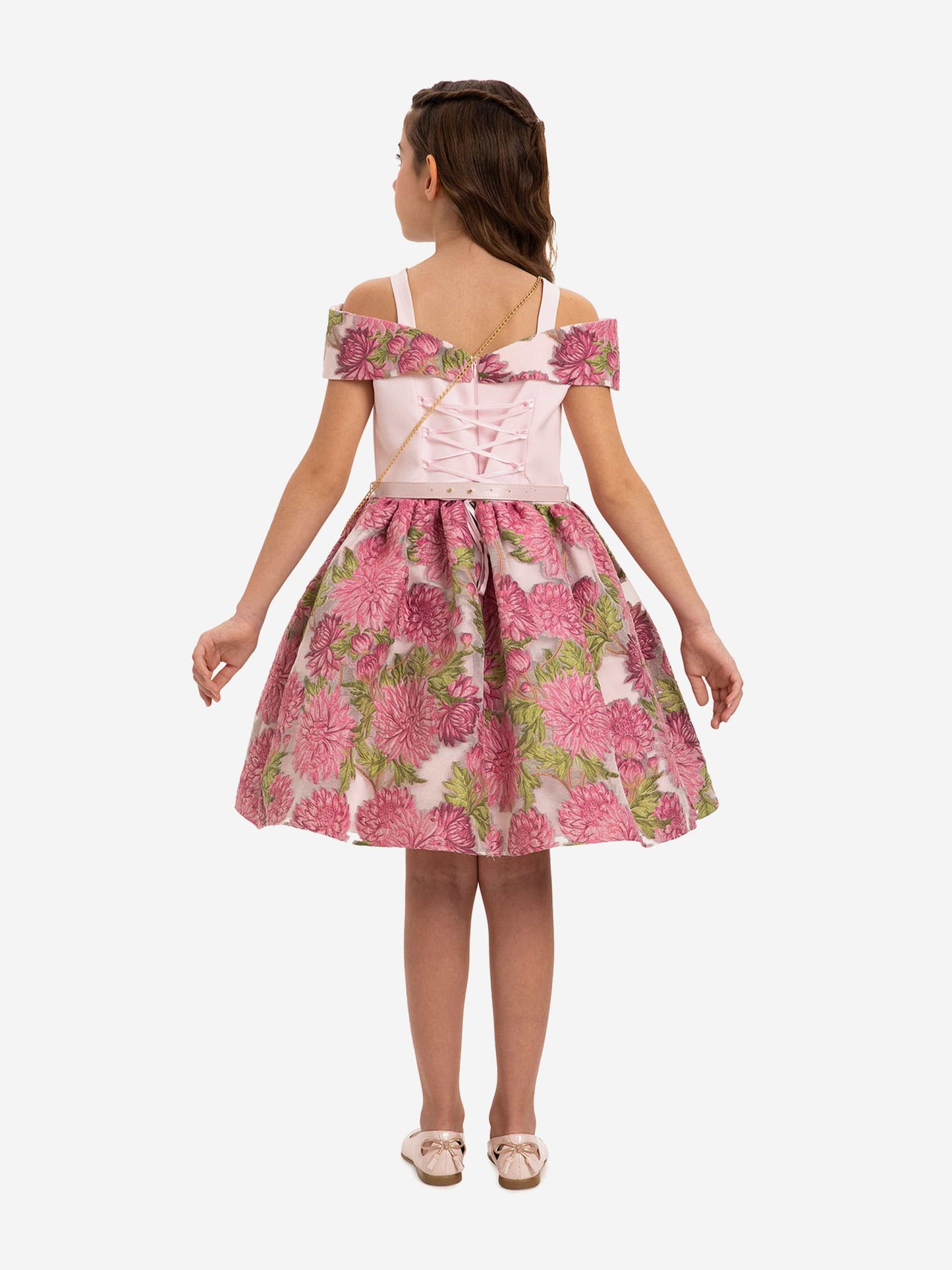 Dress & Fleur Girls Jacquard Dress with Bag in Pink