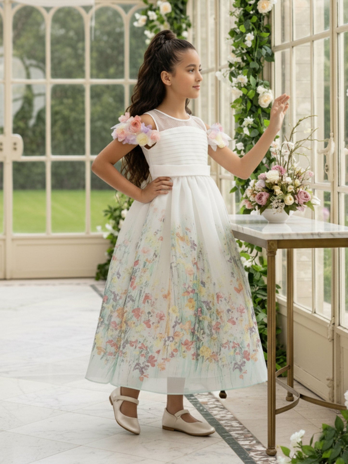 Dress & Fleur Girls Floral Occasion Dress in Ivory