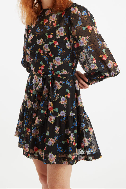 Louche Daphne Carpathian Florals Print Shirred Cuff Tie Waist Mini Dress