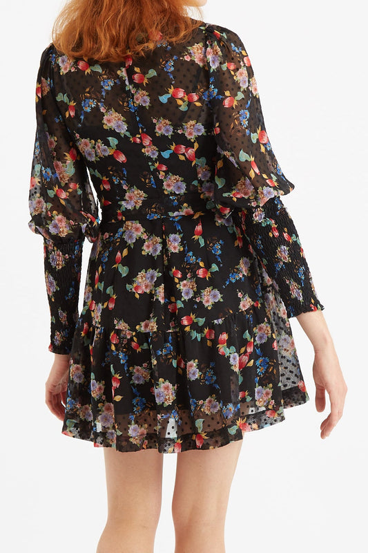 Louche Daphne Carpathian Florals Print Shirred Cuff Tie Waist Mini Dress