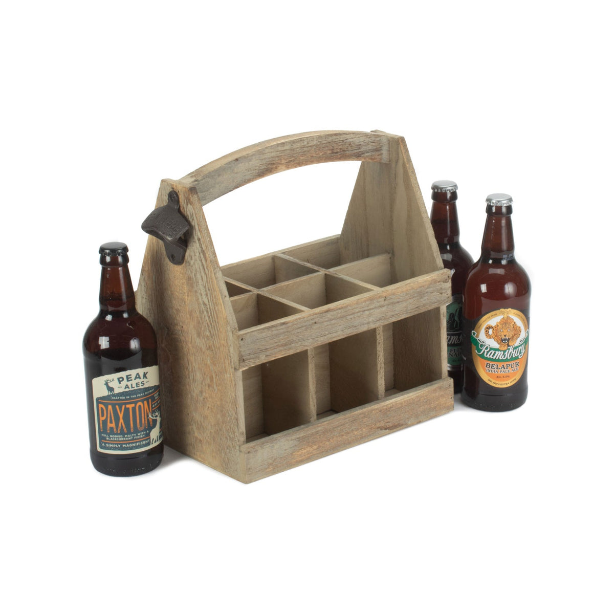 Oak Effect 6 Beer Bottle Carrier With Bottle Opener