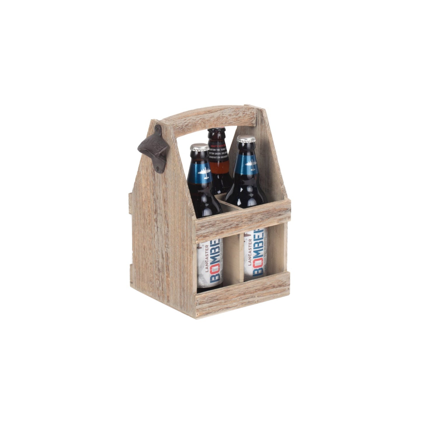 Oak Effect 4 Beer Bottle Carrier With Bottle Opener