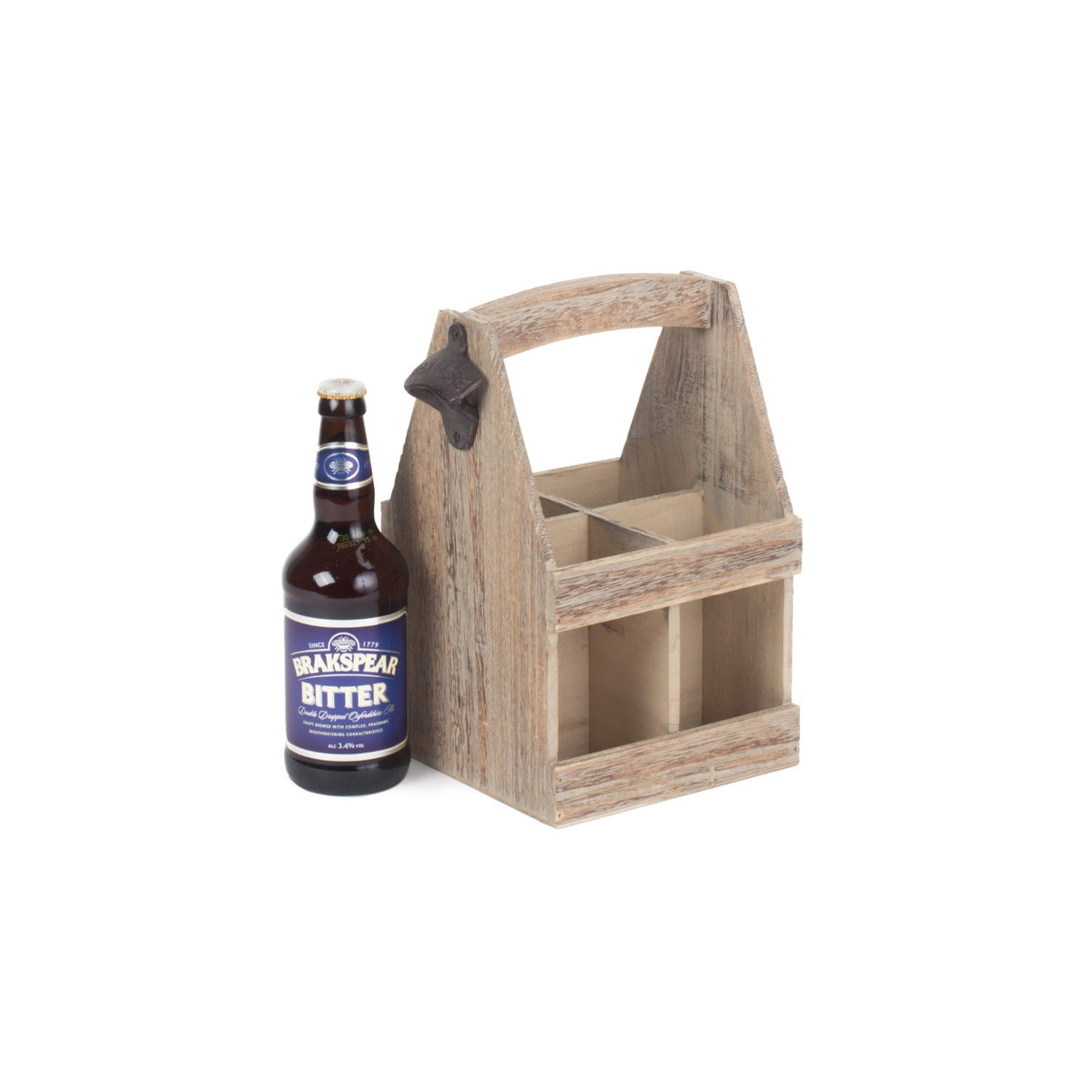 Oak Effect 4 Beer Bottle Carrier With Bottle Opener