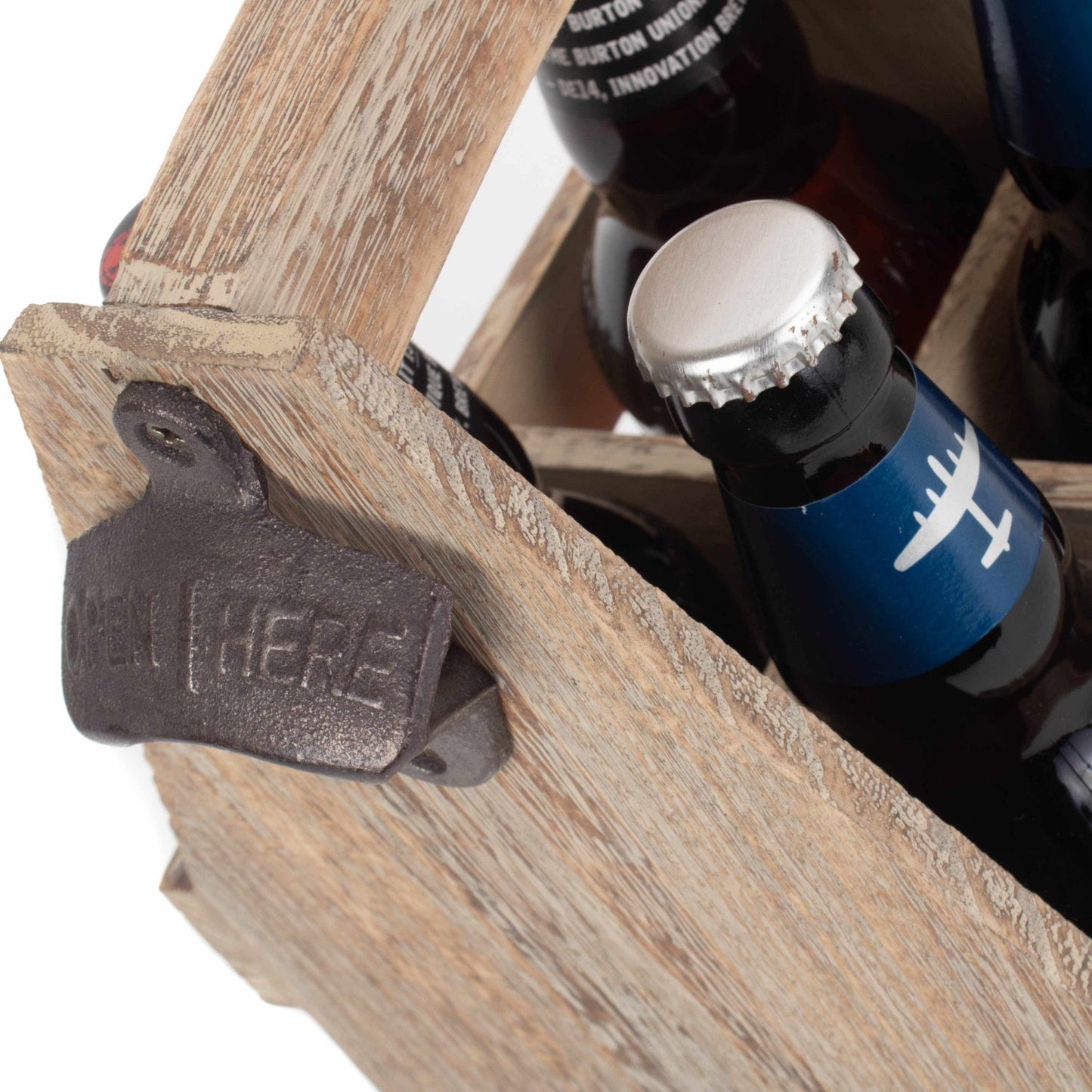 Oak Effect 4 Beer Bottle Carrier With Bottle Opener