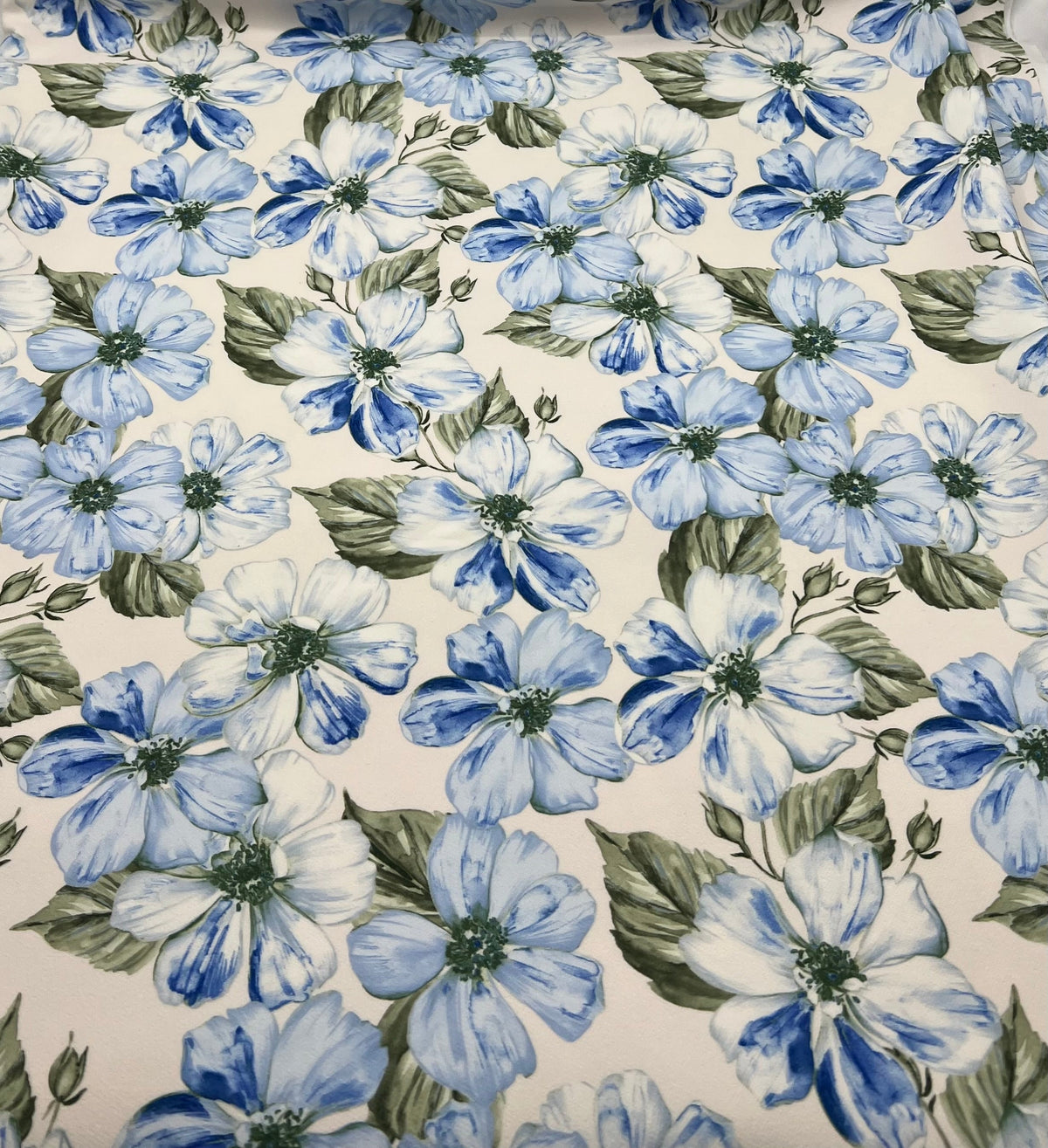 Ivory Blue Floral Compact Crepe Fabric 2 Way Stretch