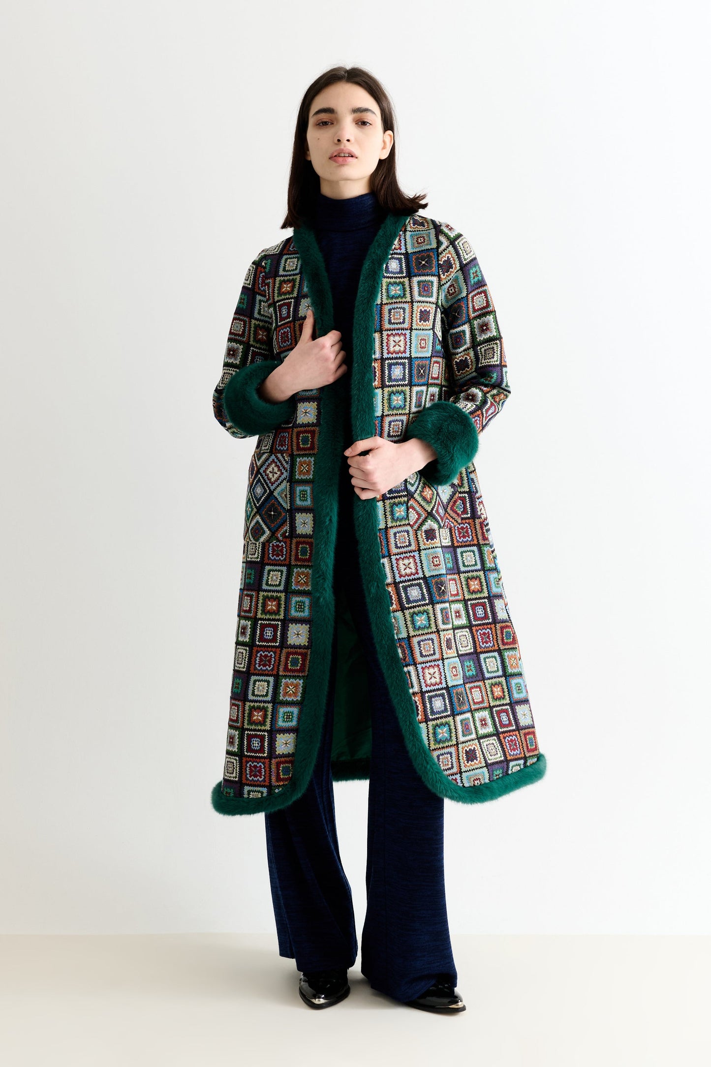 Delphia 70'S Patch Jacquard Fur Trim Coat – Multicoloured
