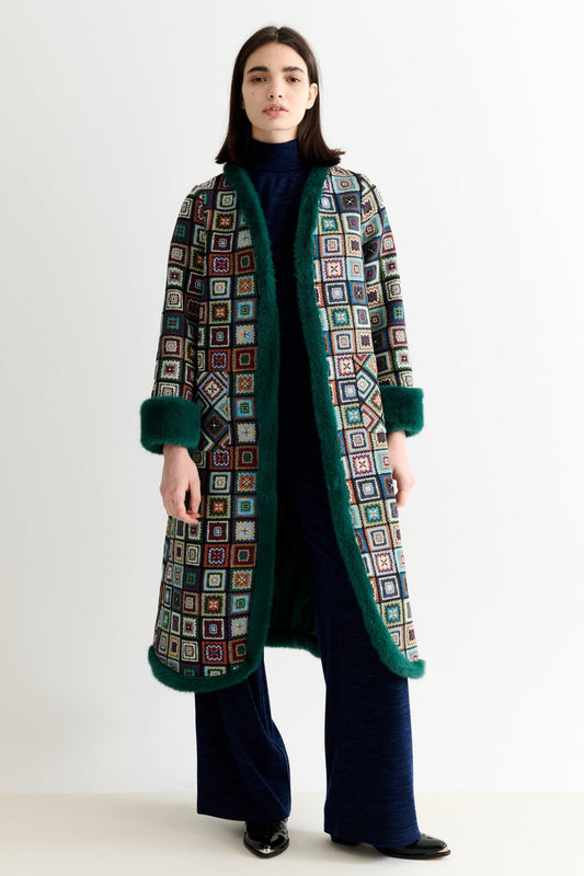 Delphia 70'S Patch Jacquard Fur Trim Coat – Multicoloured