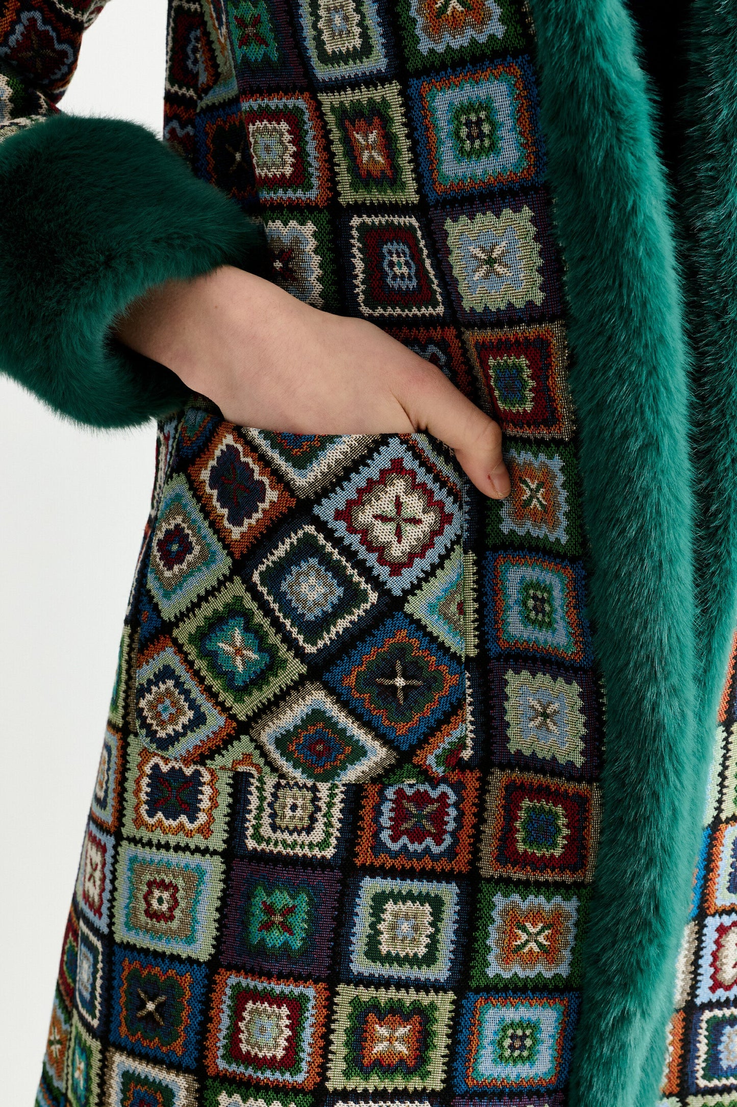 Delphia 70'S Patch Jacquard Fur Trim Coat – Multicoloured