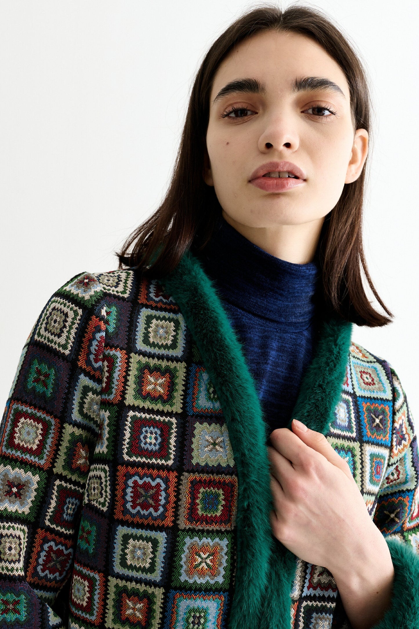 Delphia 70'S Patch Jacquard Fur Trim Coat – Multicoloured