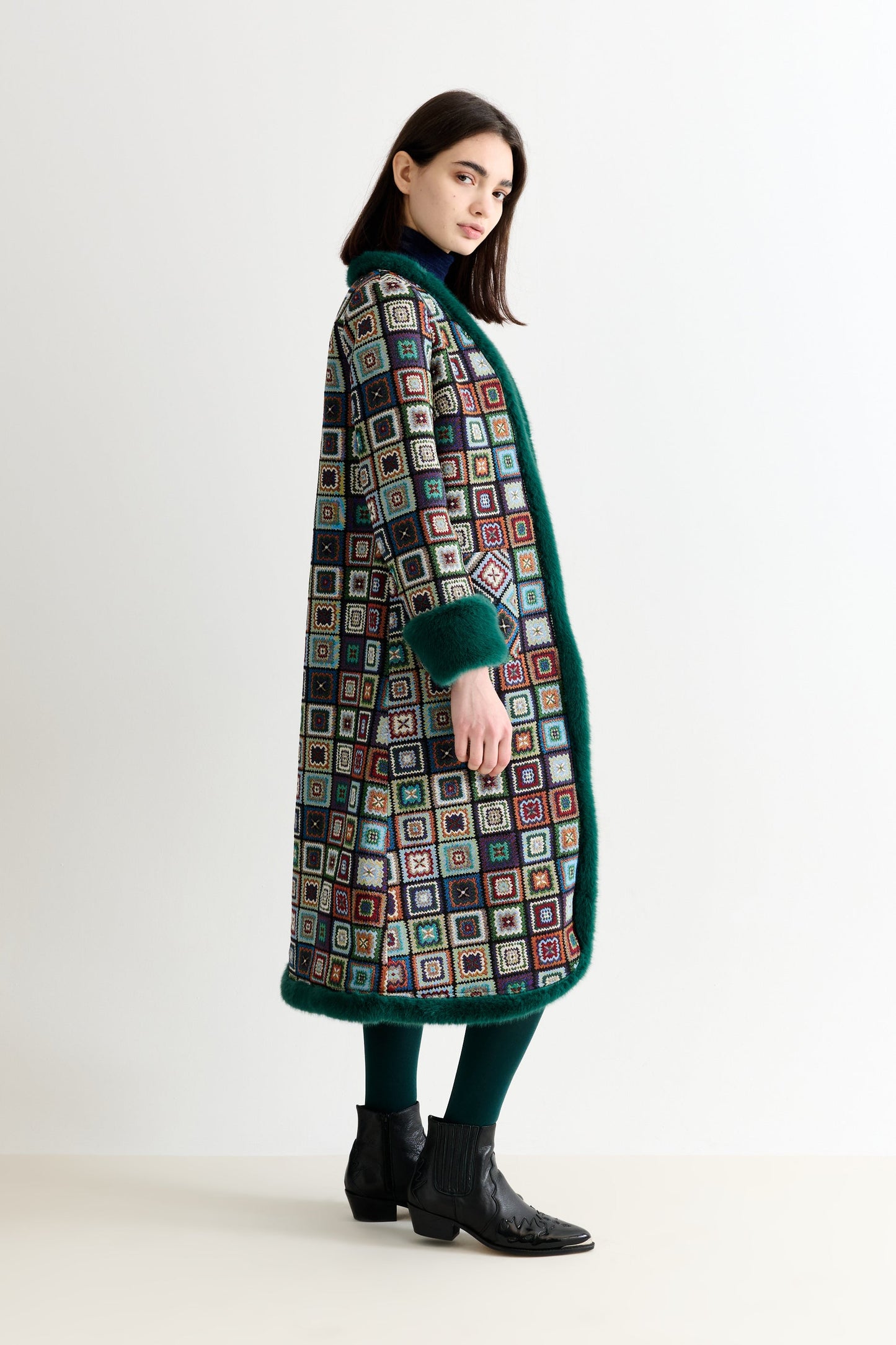 Delphia 70'S Patch Jacquard Fur Trim Coat – Multicoloured