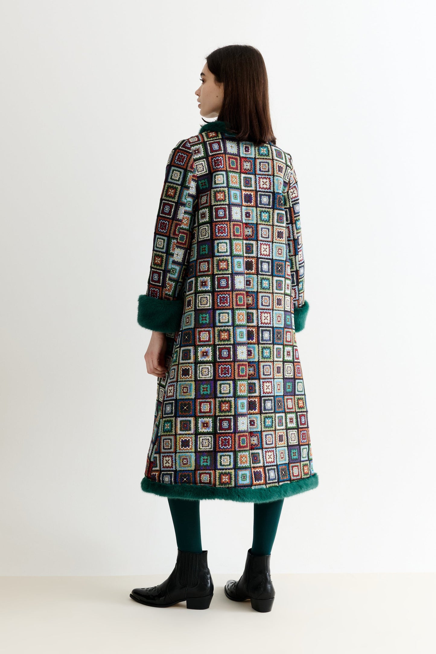 Delphia 70'S Patch Jacquard Fur Trim Coat – Multicoloured