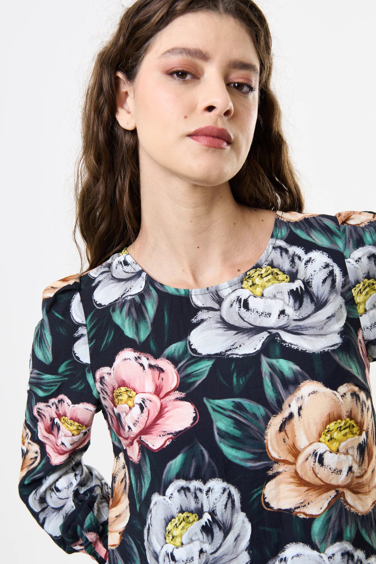 Didee Peonies Long Sleeve A-line Mini Dress - Black