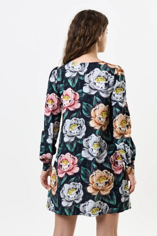 Didee Peonies Long Sleeve A-line Mini Dress - Black