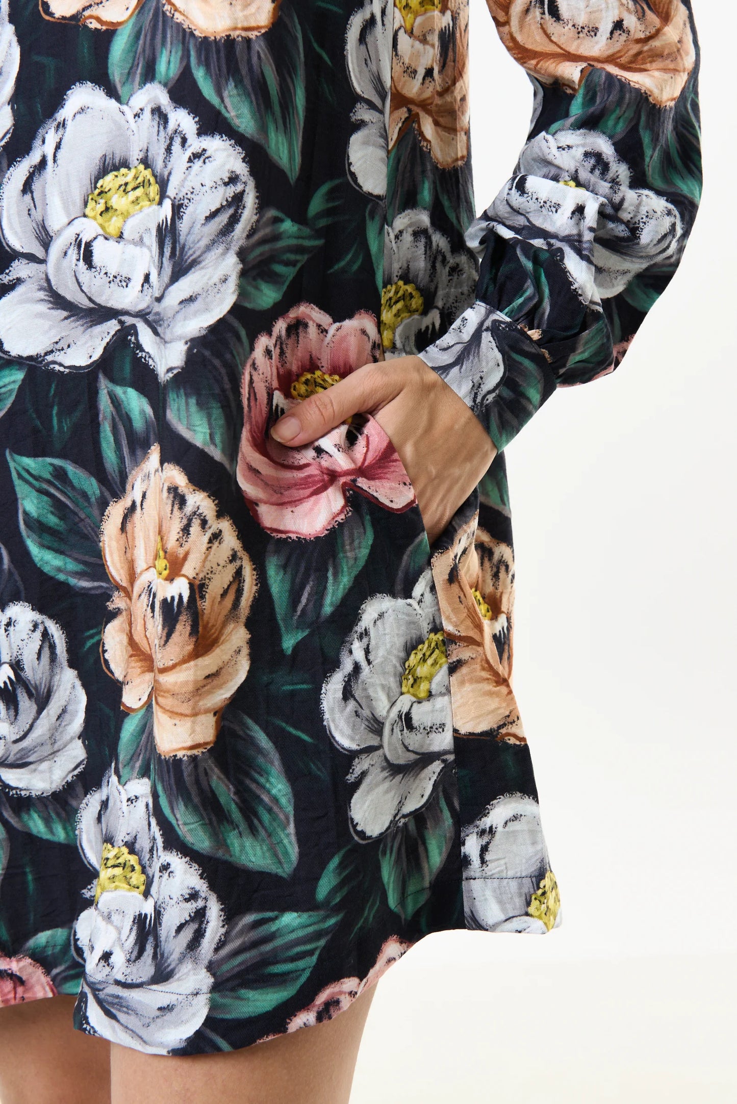 Didee Peonies Long Sleeve A-line Mini Dress - Black