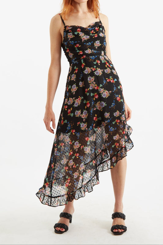 Louche Dina Carpathian Florals Print Asymmetric Strappy Midi Dress