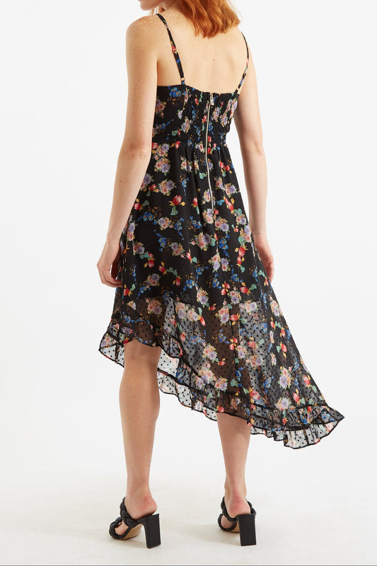 Louche Dina Carpathian Florals Print Asymmetric Strappy Midi Dress