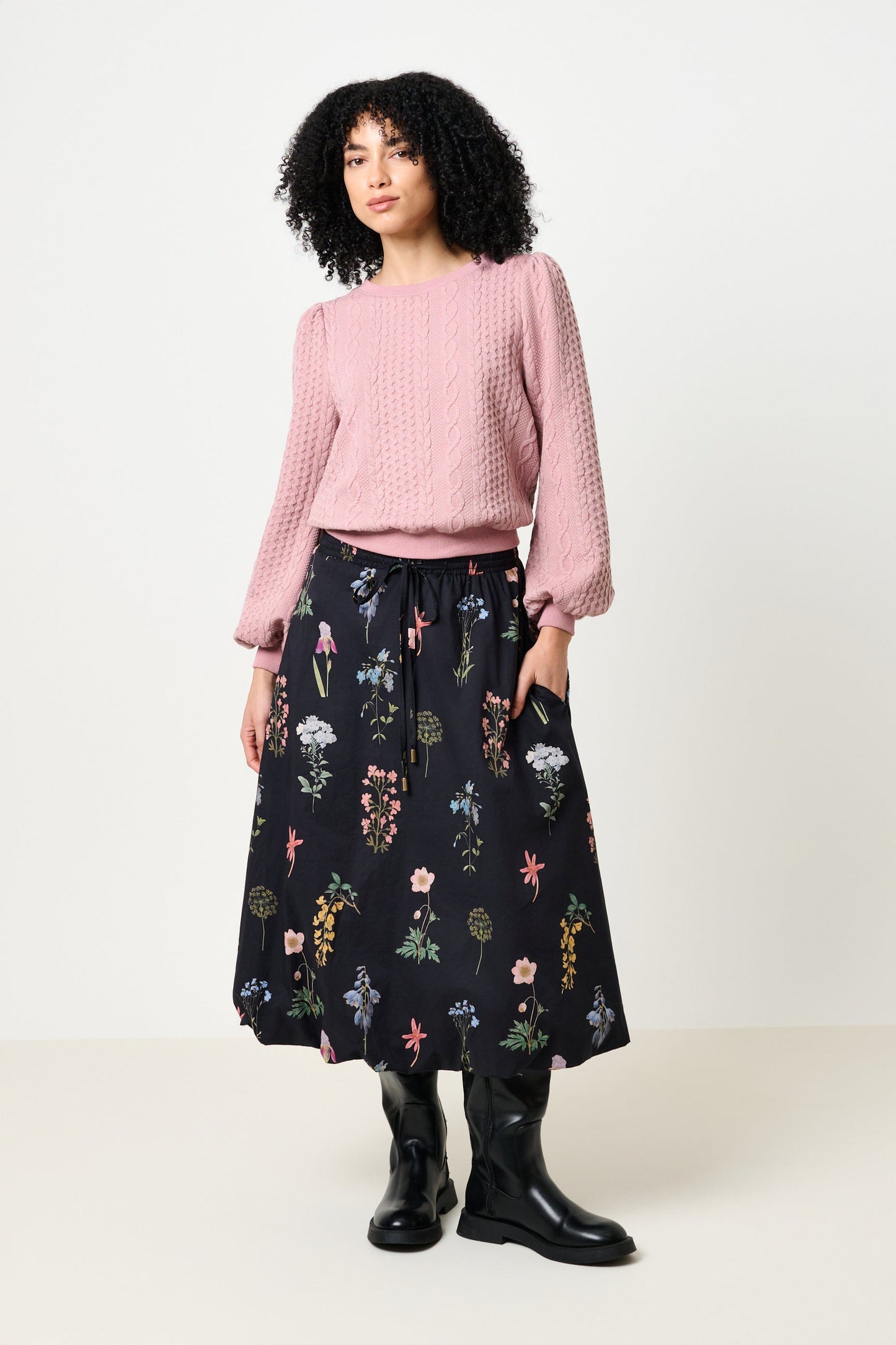 Dixie Flower Press Print Balloon Hem Midi Skirt - Multi