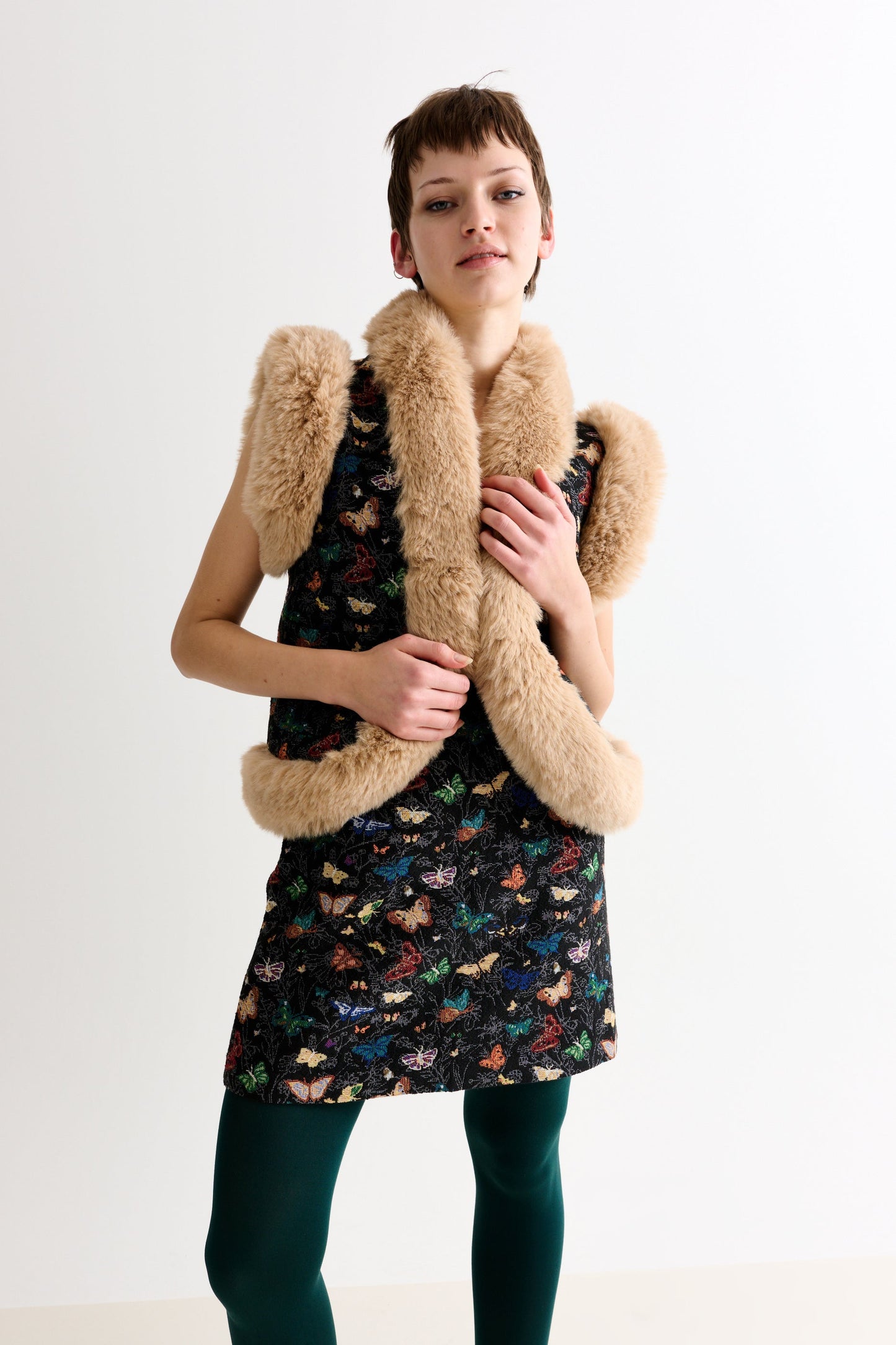 Dominica Butterfly Ball Jacquard Faux Fur Trimmed Waistcoat – Multicoloured