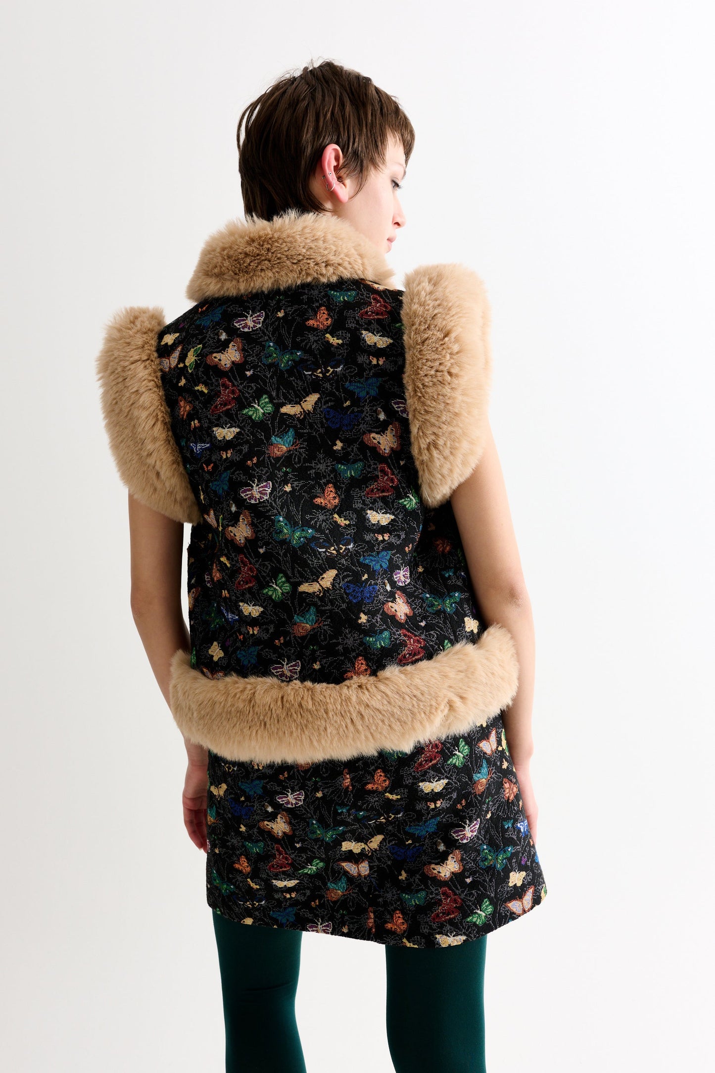 Dominica Butterfly Ball Jacquard Faux Fur Trimmed Waistcoat – Multicoloured