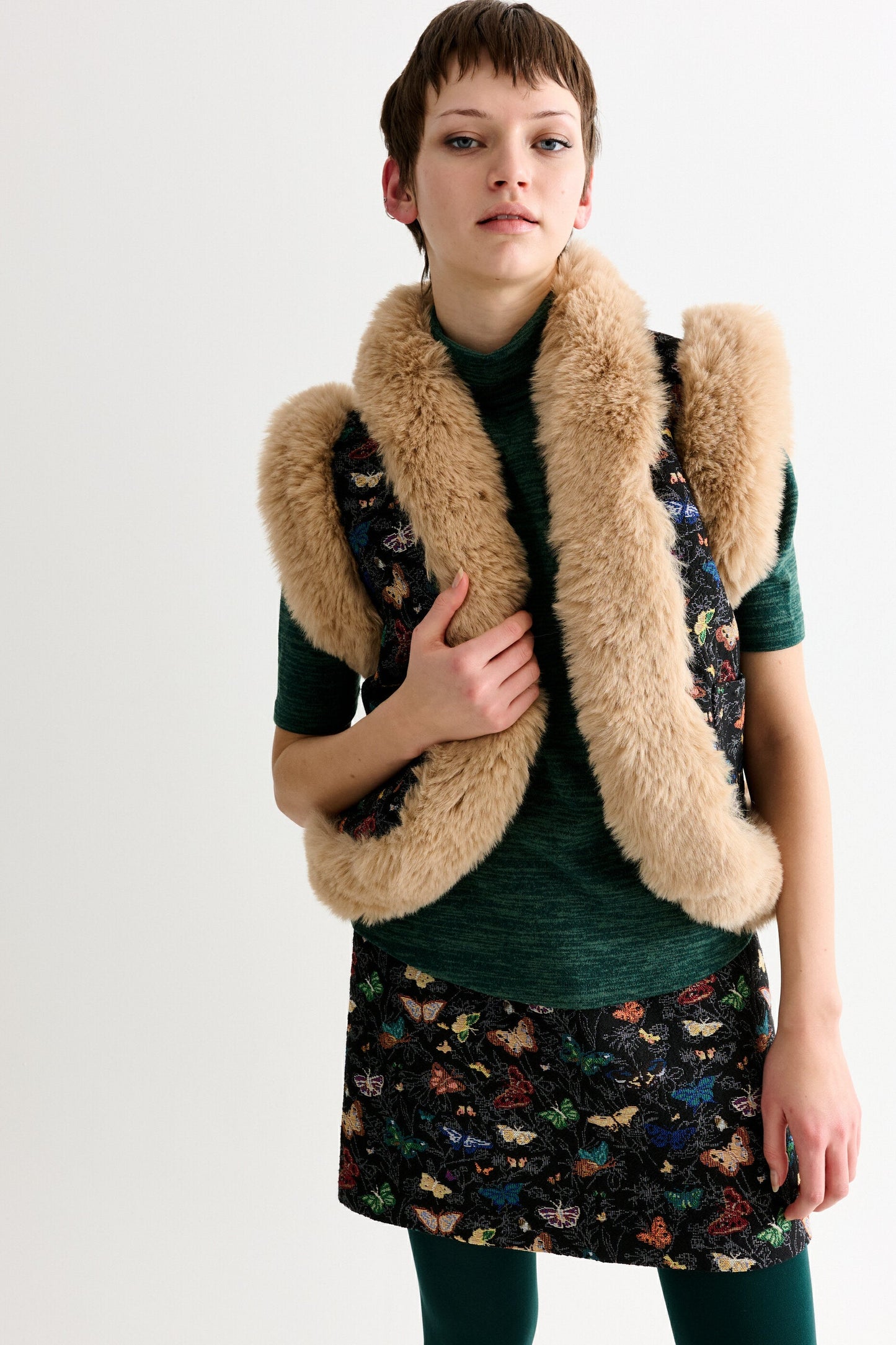 Dominica Butterfly Ball Jacquard Faux Fur Trimmed Waistcoat – Multicoloured