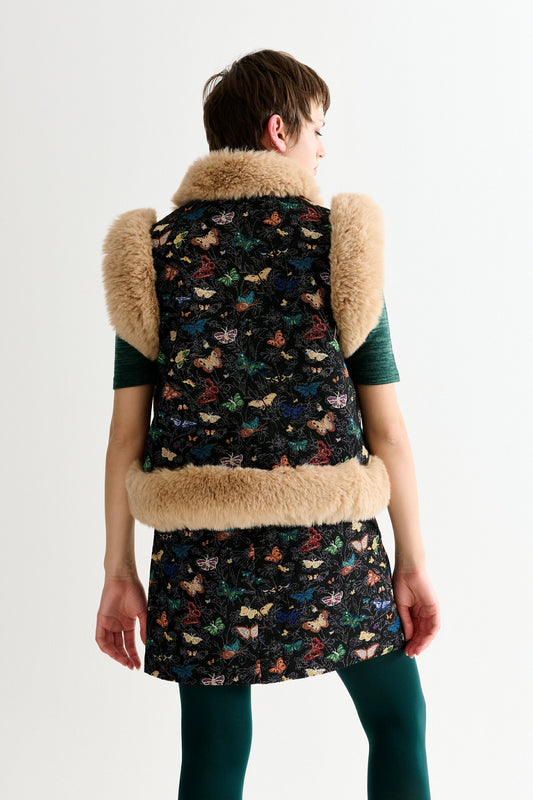 Dominica Butterfly Ball Jacquard Faux Fur Trimmed Waistcoat – Multicoloured