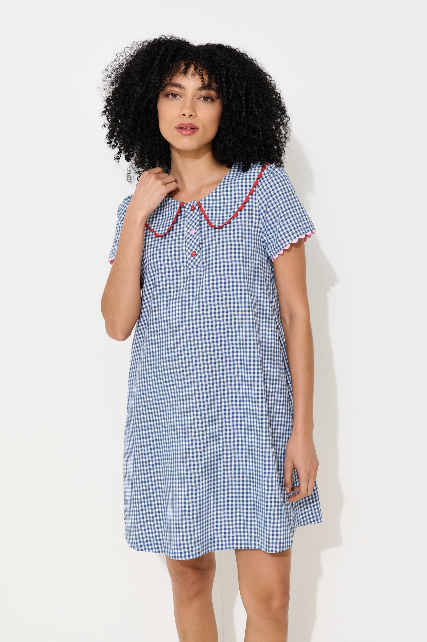 Dot Gingham Ric Rac Trim Statement Collar Mini Dress - Blue