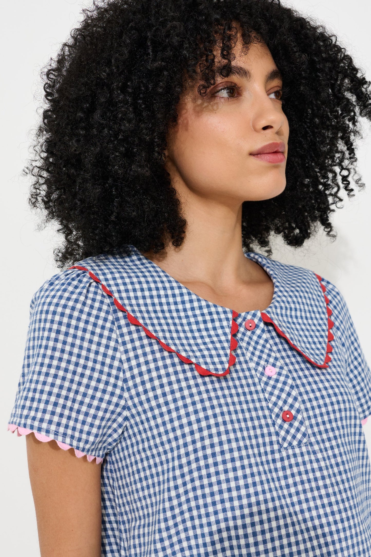 Dot Gingham Ric Rac Trim Statement Collar Mini Dress - Blue