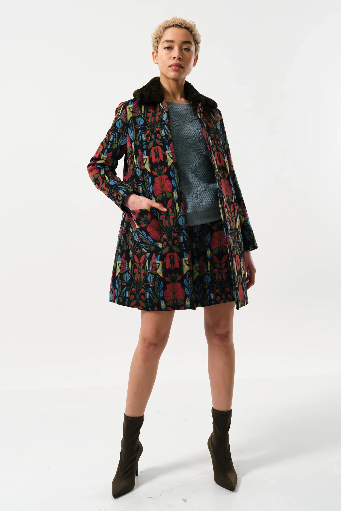 Dryden Folk Jacquard Fur Collared Coat