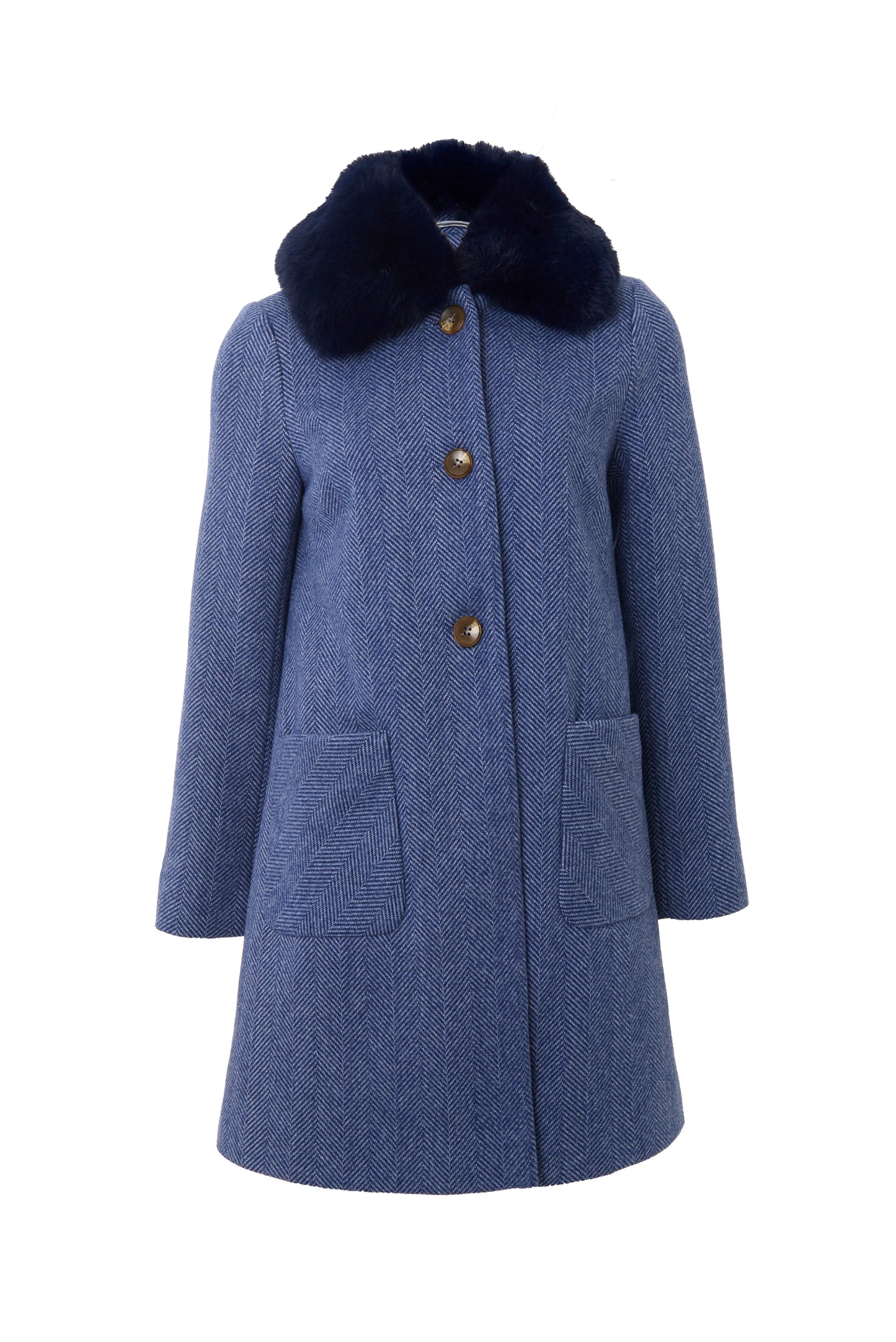 Dryden Herringbone Fur Collared Coat - Blue