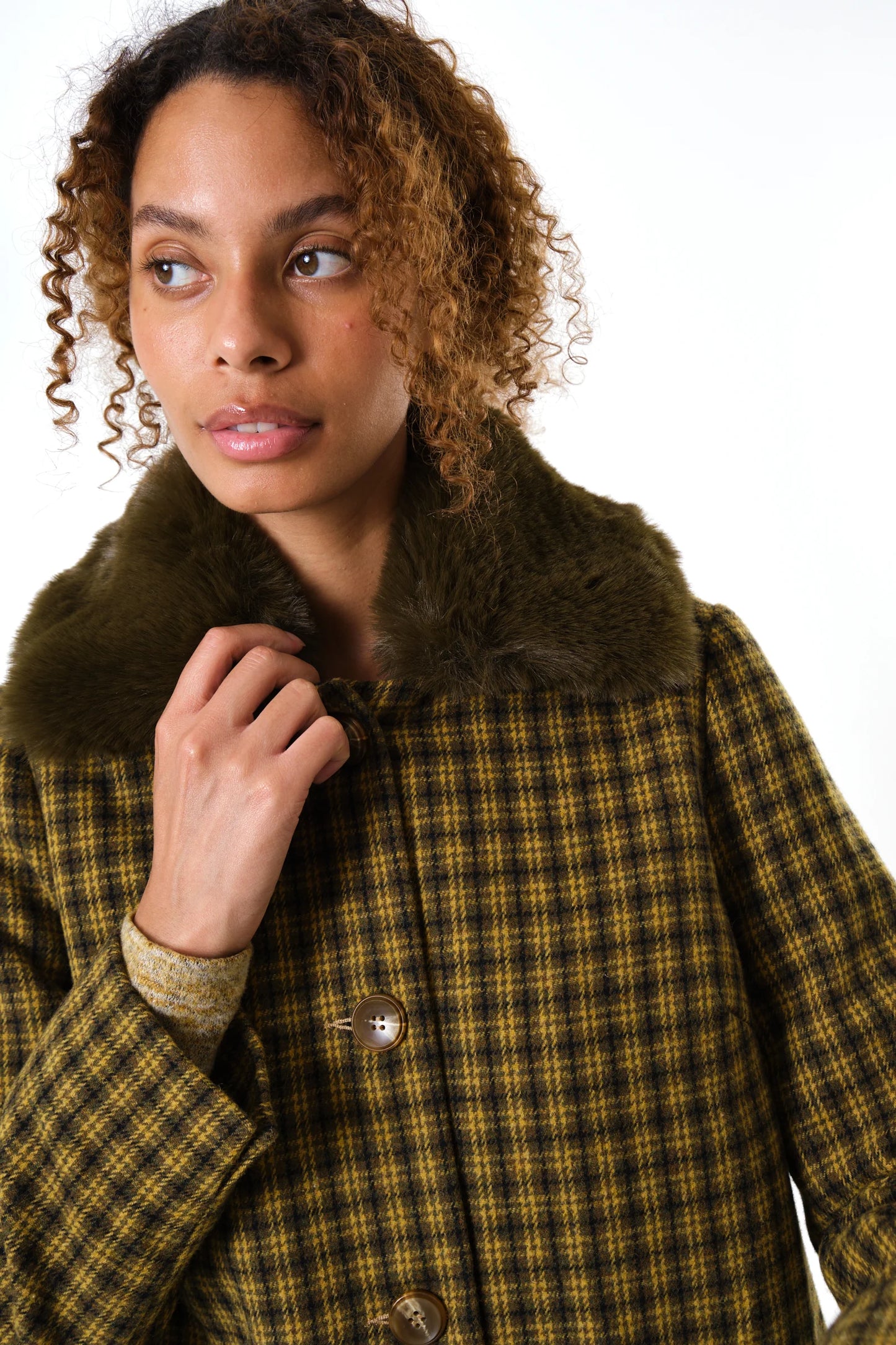 Dryden Wyoming Check Faux Fur Collar Coat - Mustard