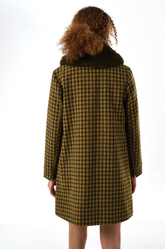 Dryden Wyoming Check Faux Fur Collar Coat - Mustard