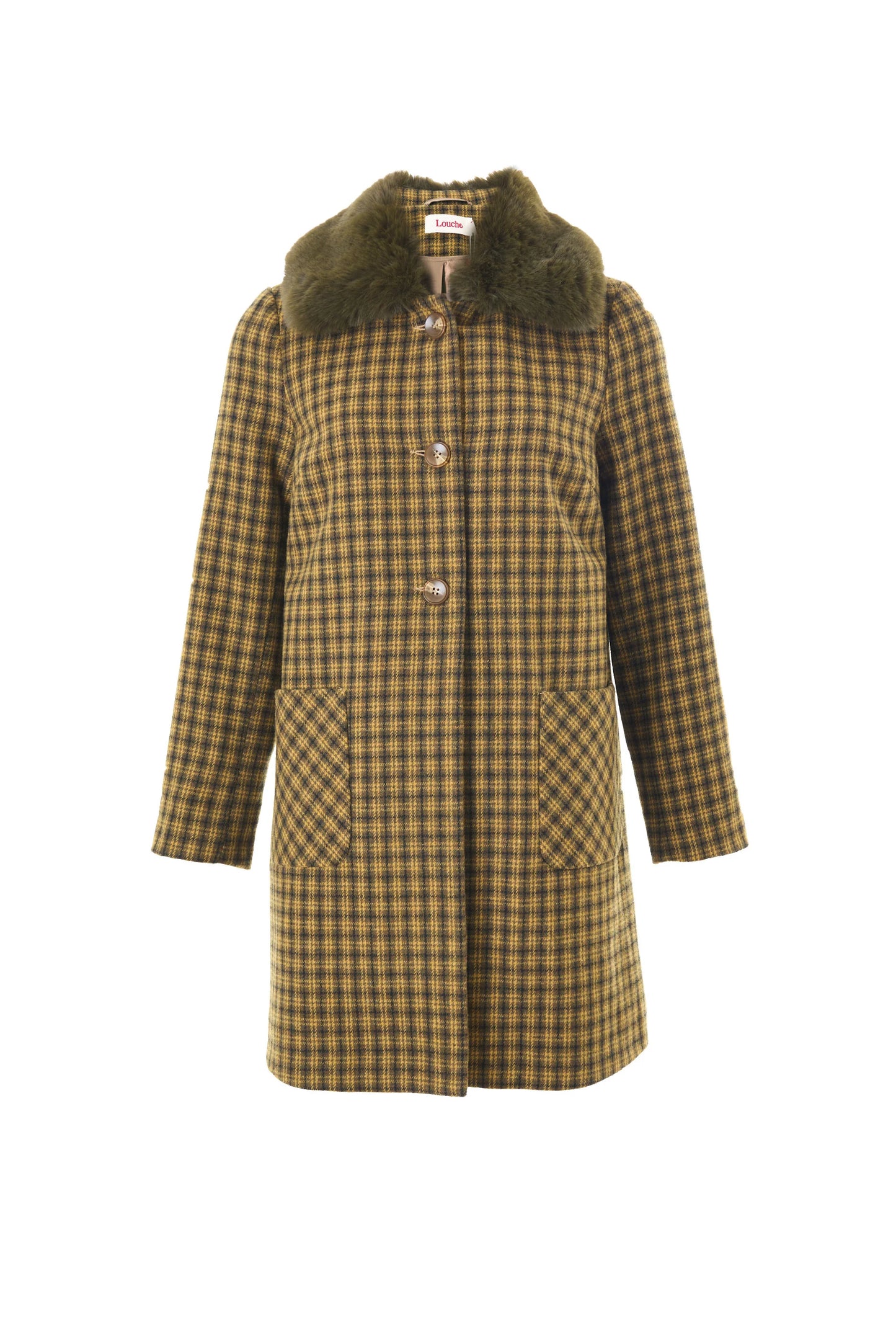 Dryden Wyoming Check Faux Fur Collar Coat - Mustard