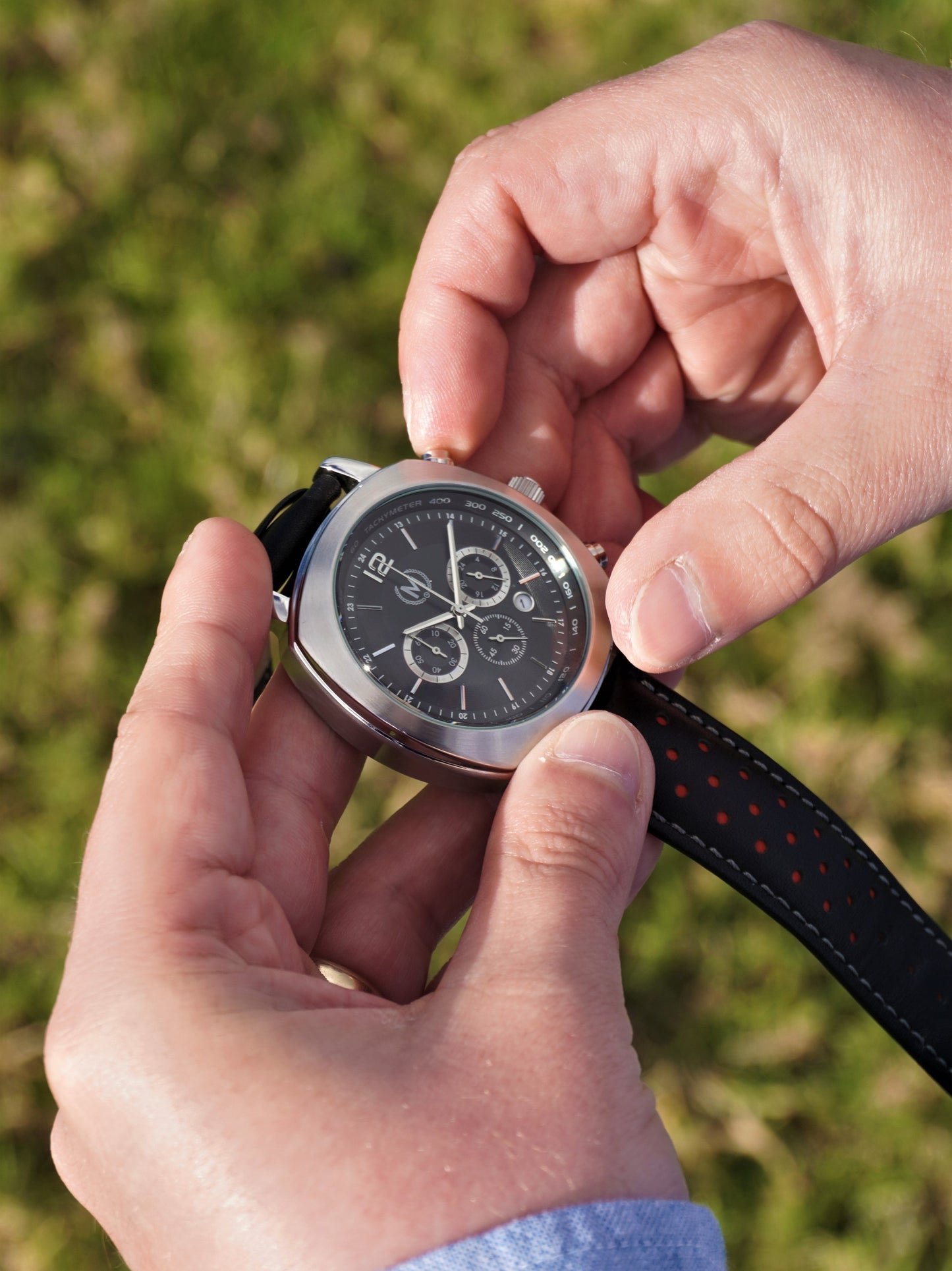 Black And Red Leather Rally Watch Strap, Silver Buckle