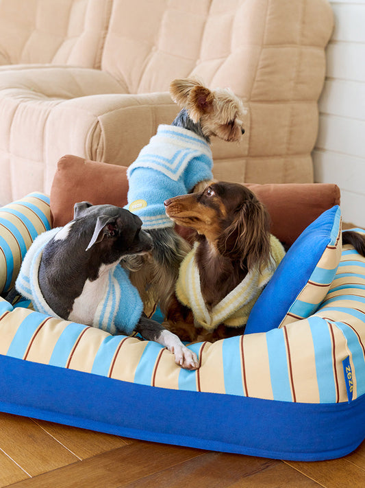 zeze Sandwich Pet Sofa Bed — Striped Cotton Canvas Couch with Backrest & Cushion