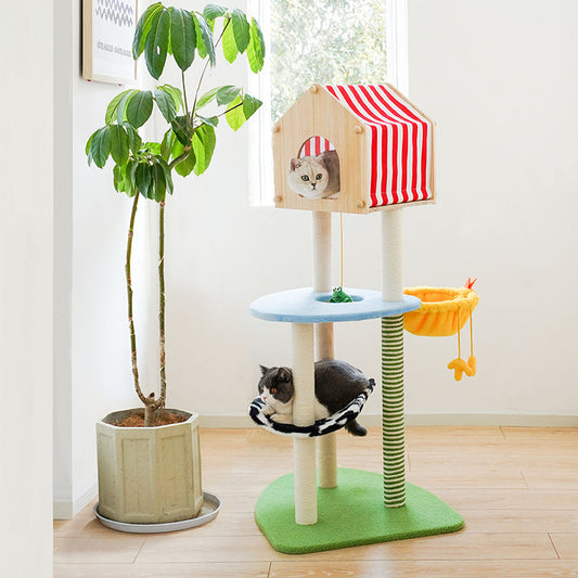 zeze Farmhouse Cat Tree — 138cm Tower with Wooden House, Chick Hammock & Cow-Print Perch