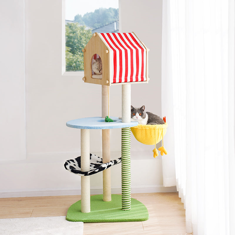 zeze Farmhouse Cat Tree — 138cm Tower with Wooden House, Chick Hammock & Cow-Print Perch