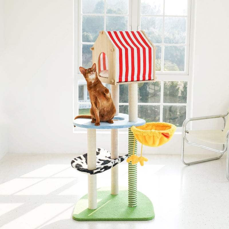 zeze Farmhouse Cat Tree — 138cm Tower with Wooden House, Chick Hammock & Cow-Print Perch