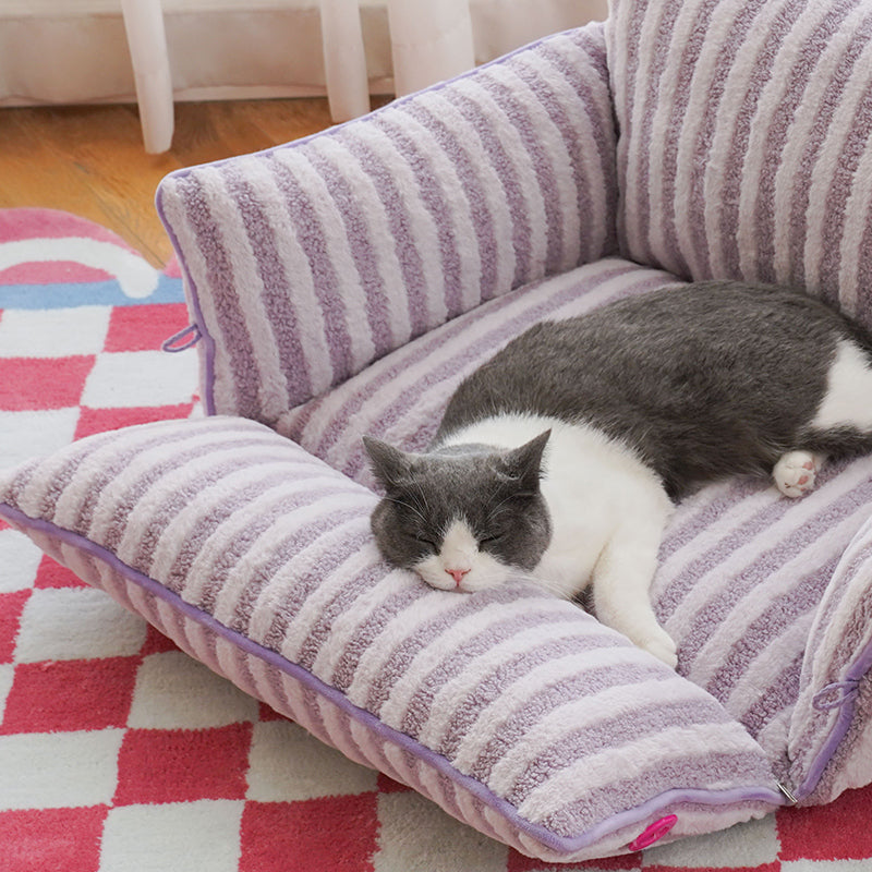zeze Striped Plush Pet Sofa Bed — Bolstered Arms, Carry Handle & Zip Cover