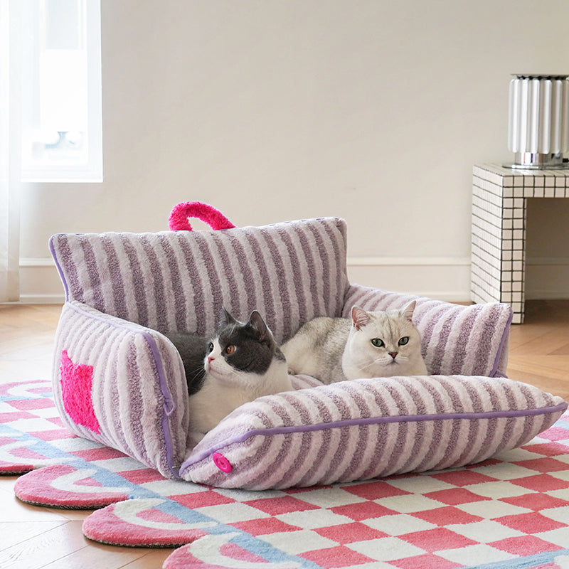 zeze Striped Plush Pet Sofa Bed — Bolstered Arms, Carry Handle & Zip Cover