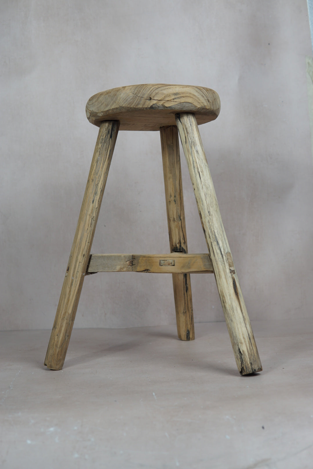 Vintage Rustic Round Stool - Elm wood - 48.4