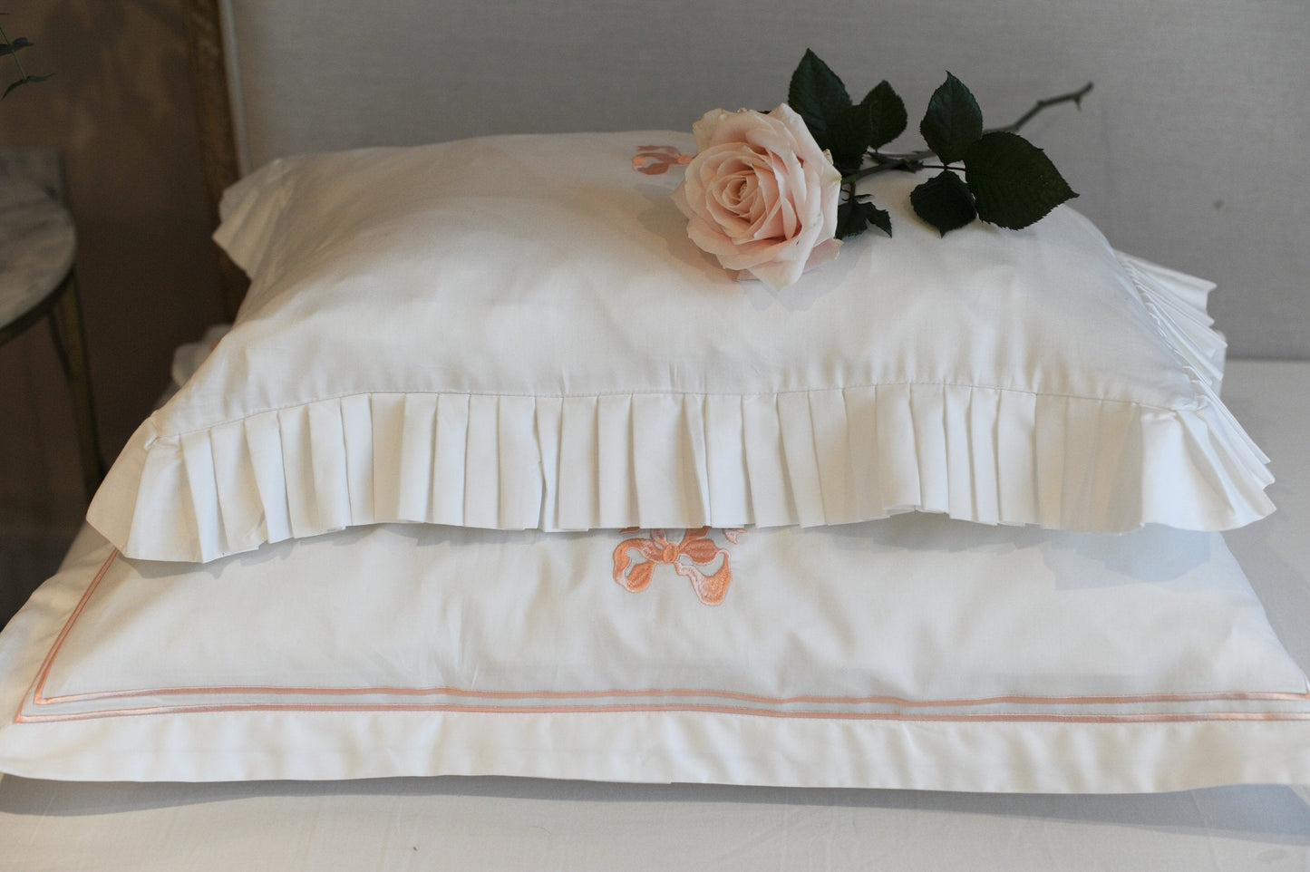Arabella Bow Ruffle frill Pillow Case Pair