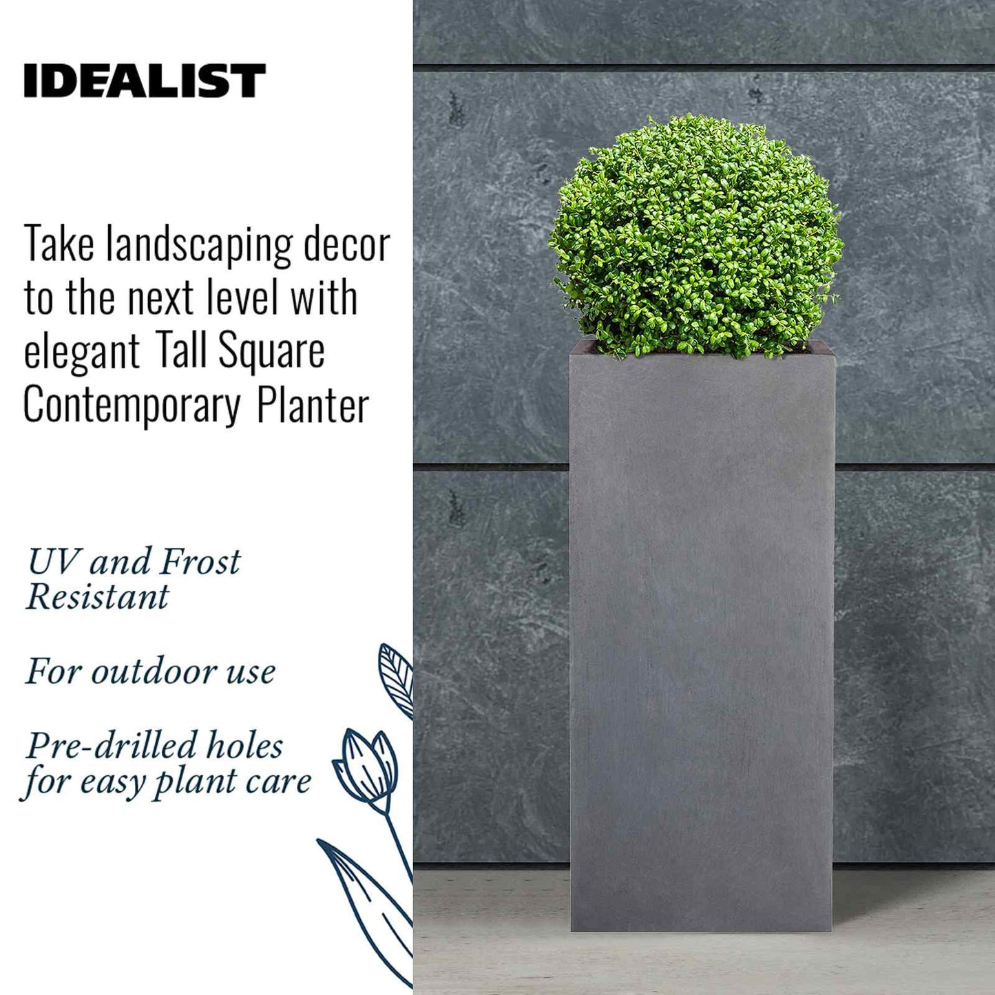 IDEALIST Lite Contemporary Light Concrete Garden Tall Square Planter, Outdoor Plant Pot H60 L27 W27 cm, 44L