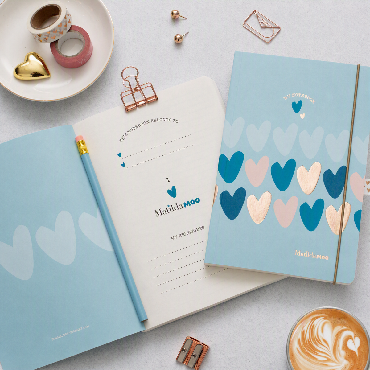 Matilda Moo | A5 Ruled Notebook | Hearts | Blue
