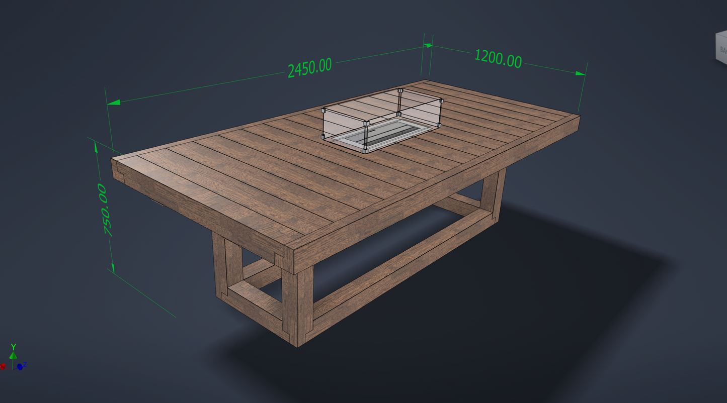 8ft x 4ft Solid wood dining table with matching benches and central firepit