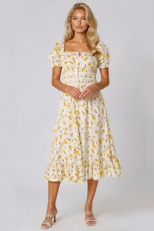 Yellow Floral Cotton Midi Dress