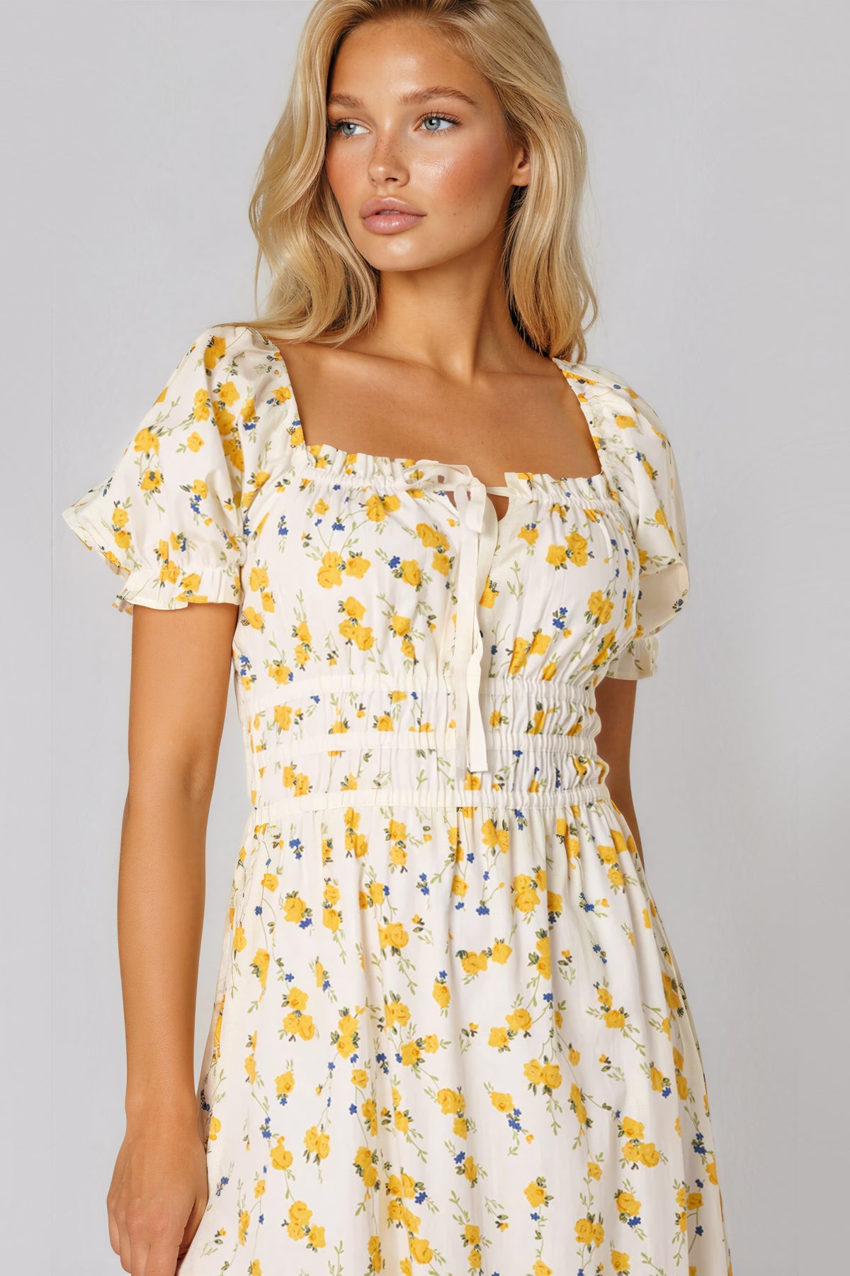 Yellow Floral Cotton Midi Dress