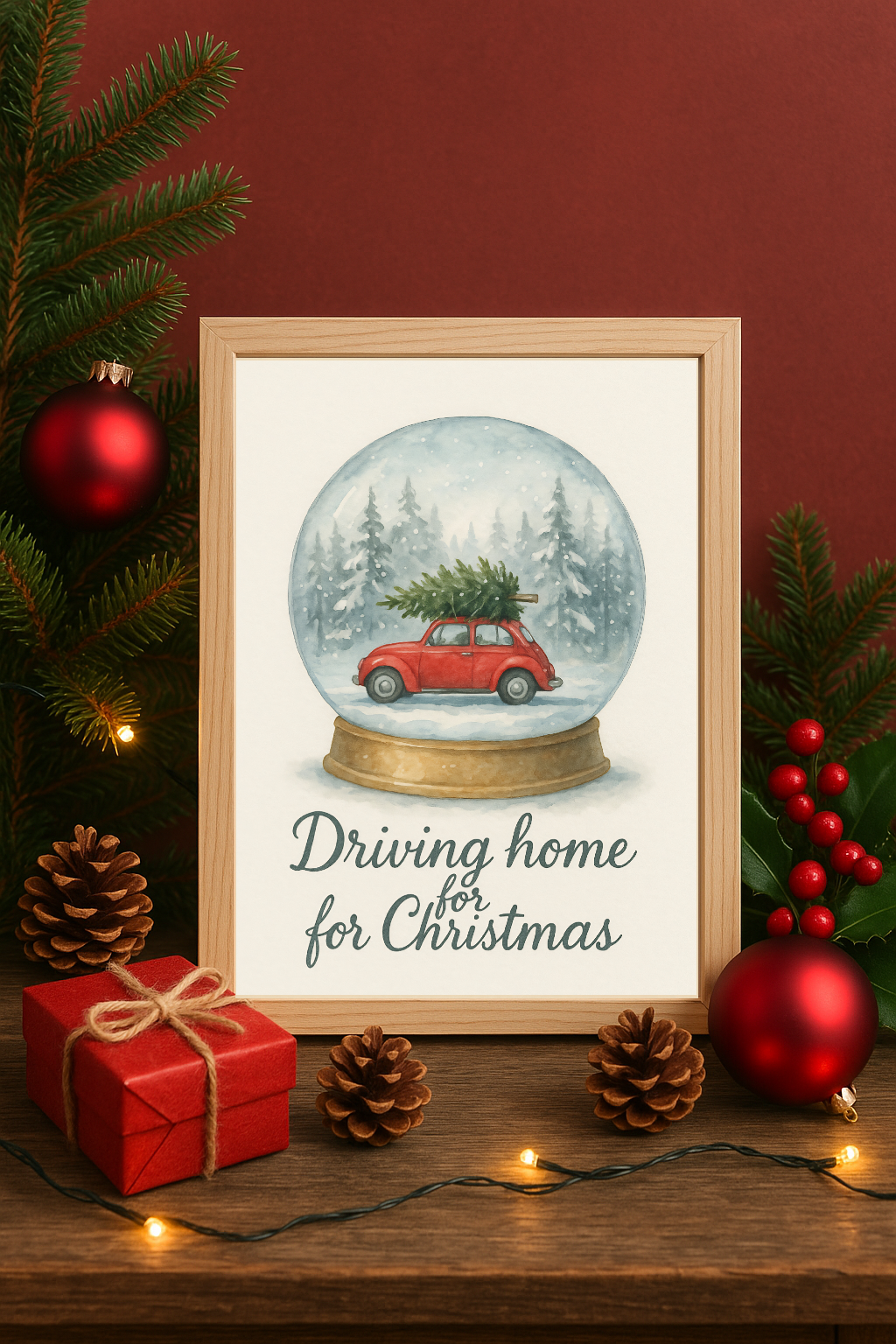 Driving Home for Christmas Snow Globe Wall Art – Red Car with Tree Winter Print