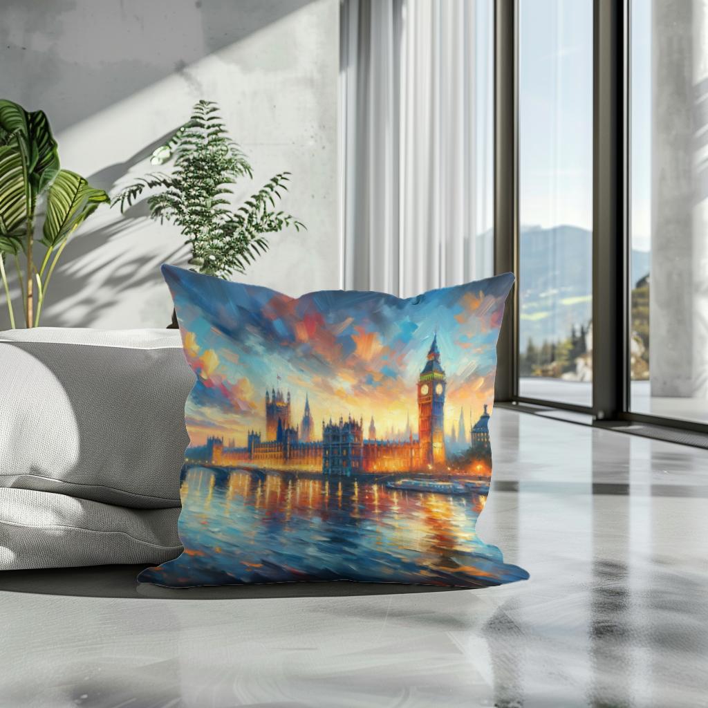 London Parliament Sunset Impression Cotton Cushion