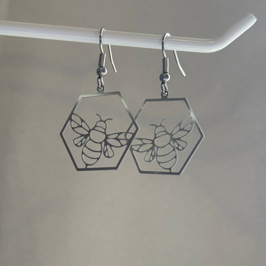 Stainless steel silver hexagon bee earrings